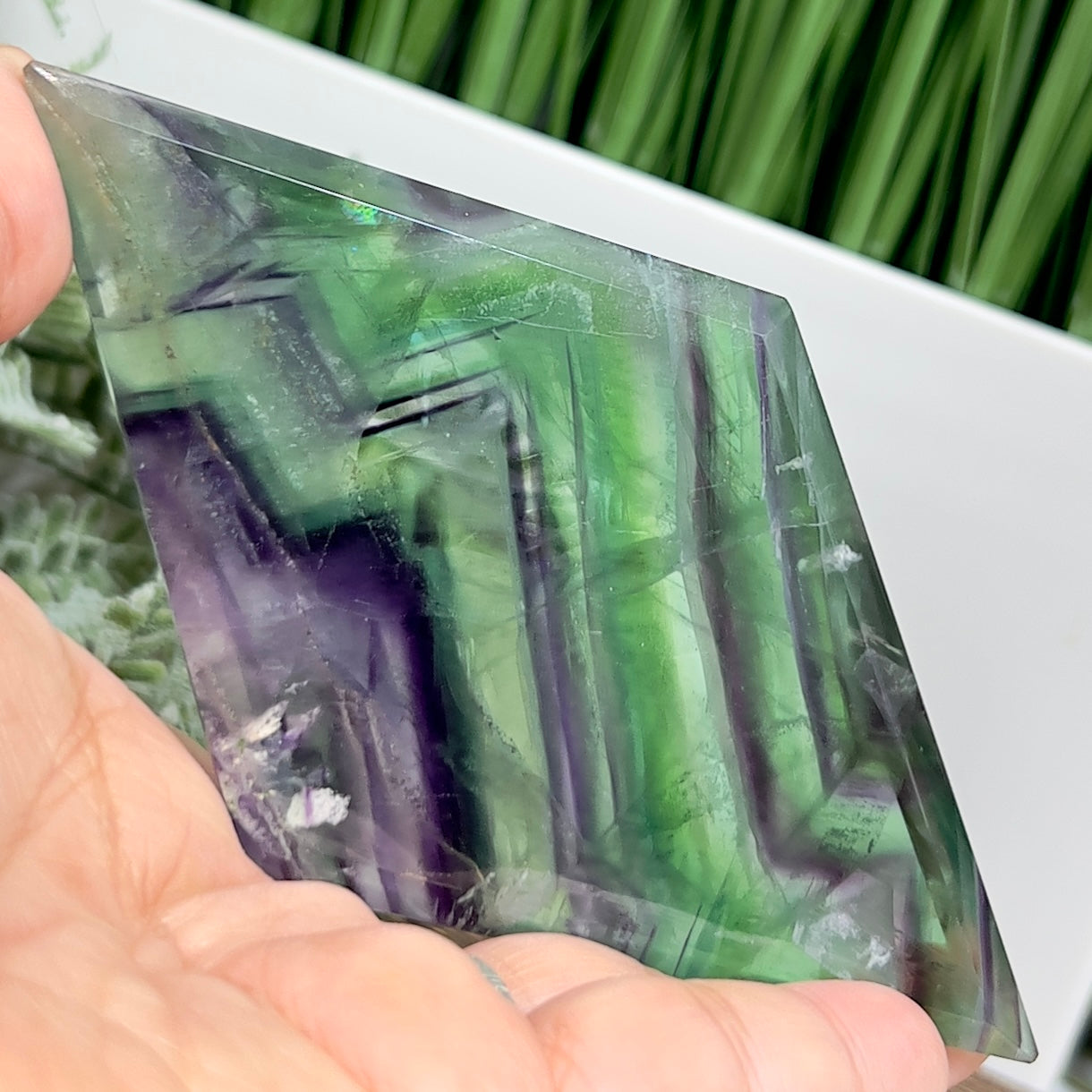 Rainbow Fluorite Diamond Rhombus on Stand Healing Crystal Home Decoration