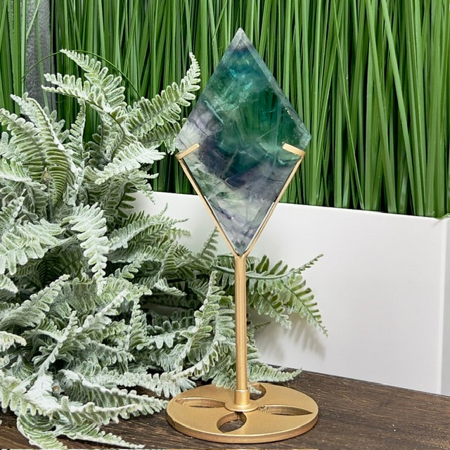 Rainbow Fluorite Diamond Rhombus on Stand Healing Crystal Home Decoration