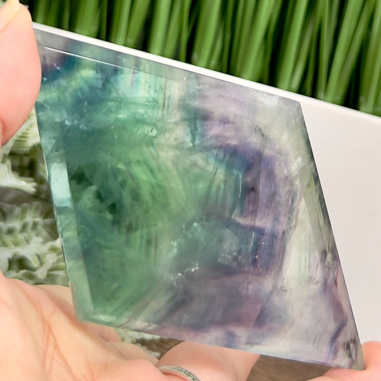 Rainbow Fluorite Diamond Rhombus on Stand Healing Crystal Home Decoration