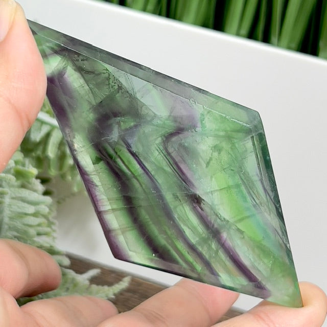 Rainbow Fluorite Diamond Rhombus on Stand Healing Crystal Home Decoration