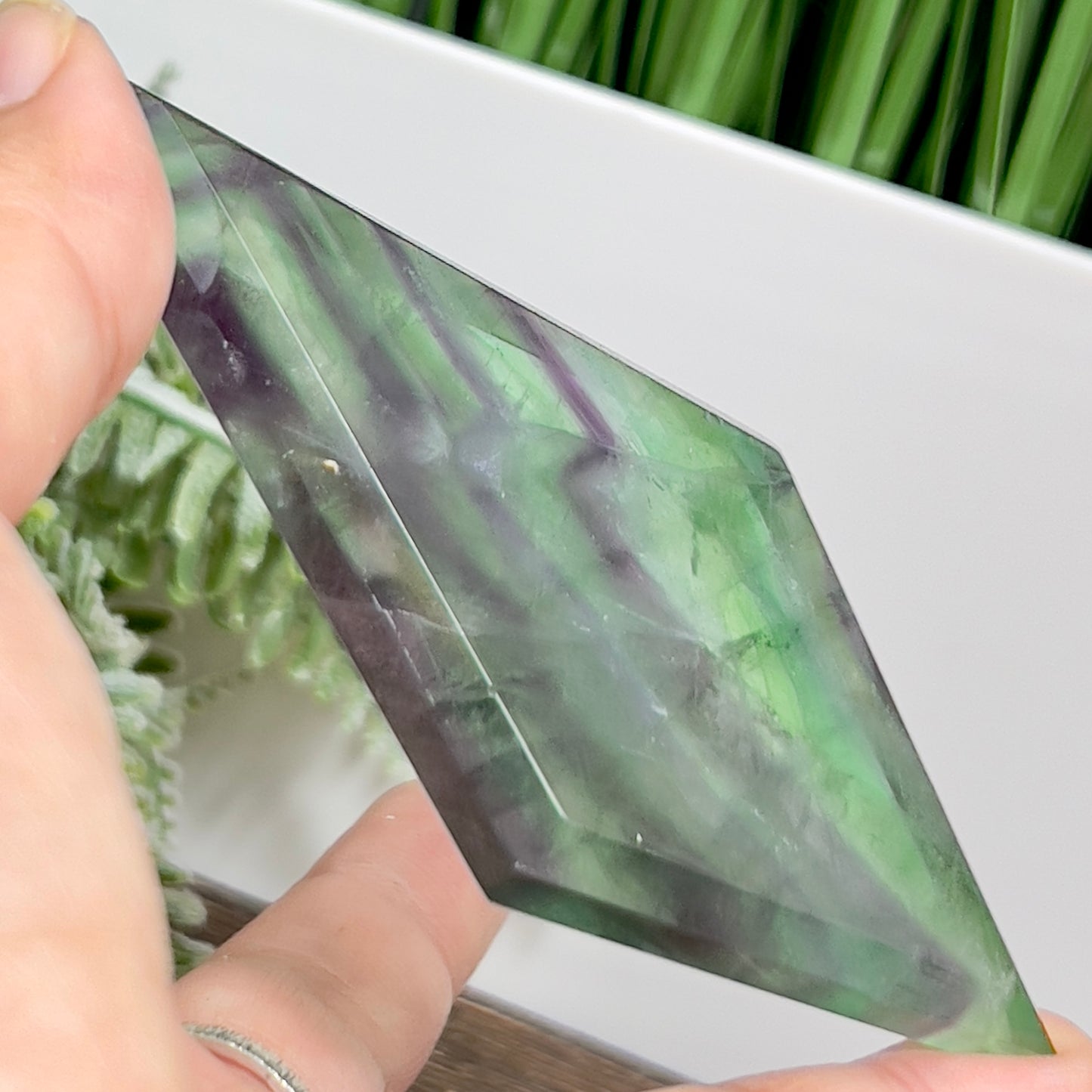 Rainbow Fluorite Diamond Rhombus on Stand Healing Crystal Home Decoration