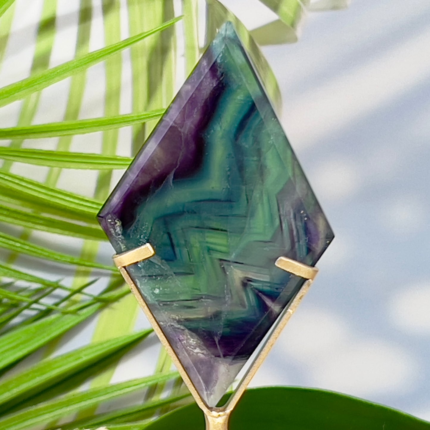 Rainbow Fluorite Diamond Rhombus on Stand Healing Crystal Home Decoration