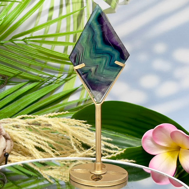 Rainbow Fluorite Diamond Rhombus on Stand Healing Crystal Home Decoration