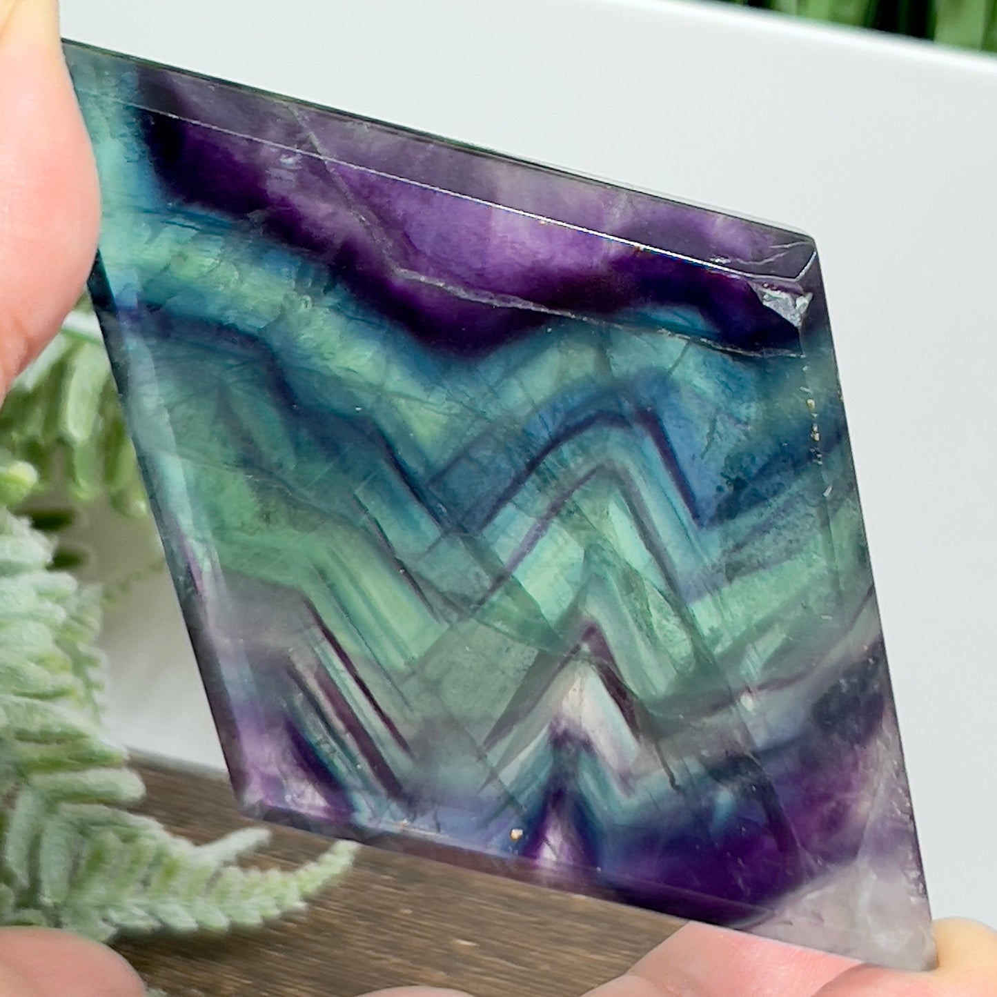 Rainbow Fluorite Diamond Rhombus on Stand Healing Crystal Home Decoration