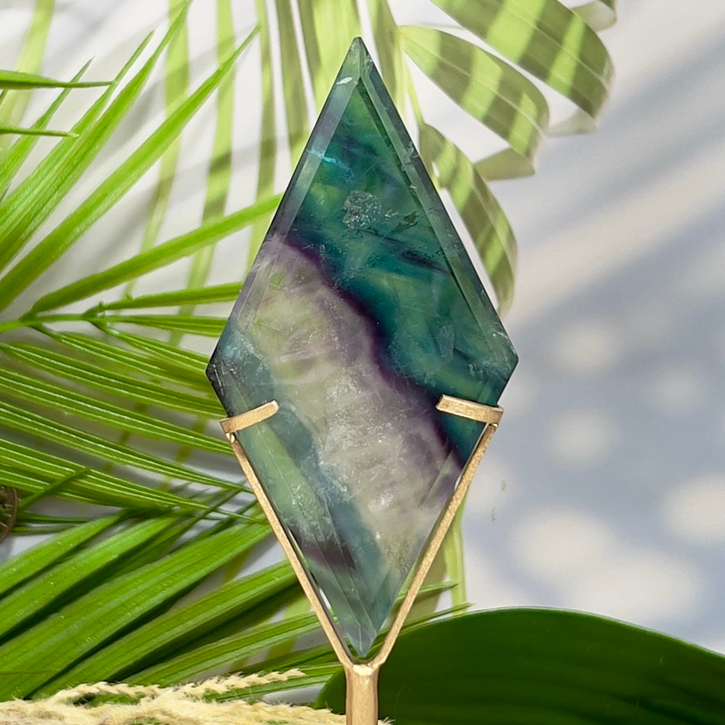 Rainbow Fluorite Diamond Rhombus on Stand Healing Crystal Home Decoration