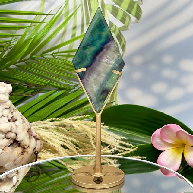 Rainbow Fluorite Diamond Rhombus on Stand Healing Crystal Home Decoration