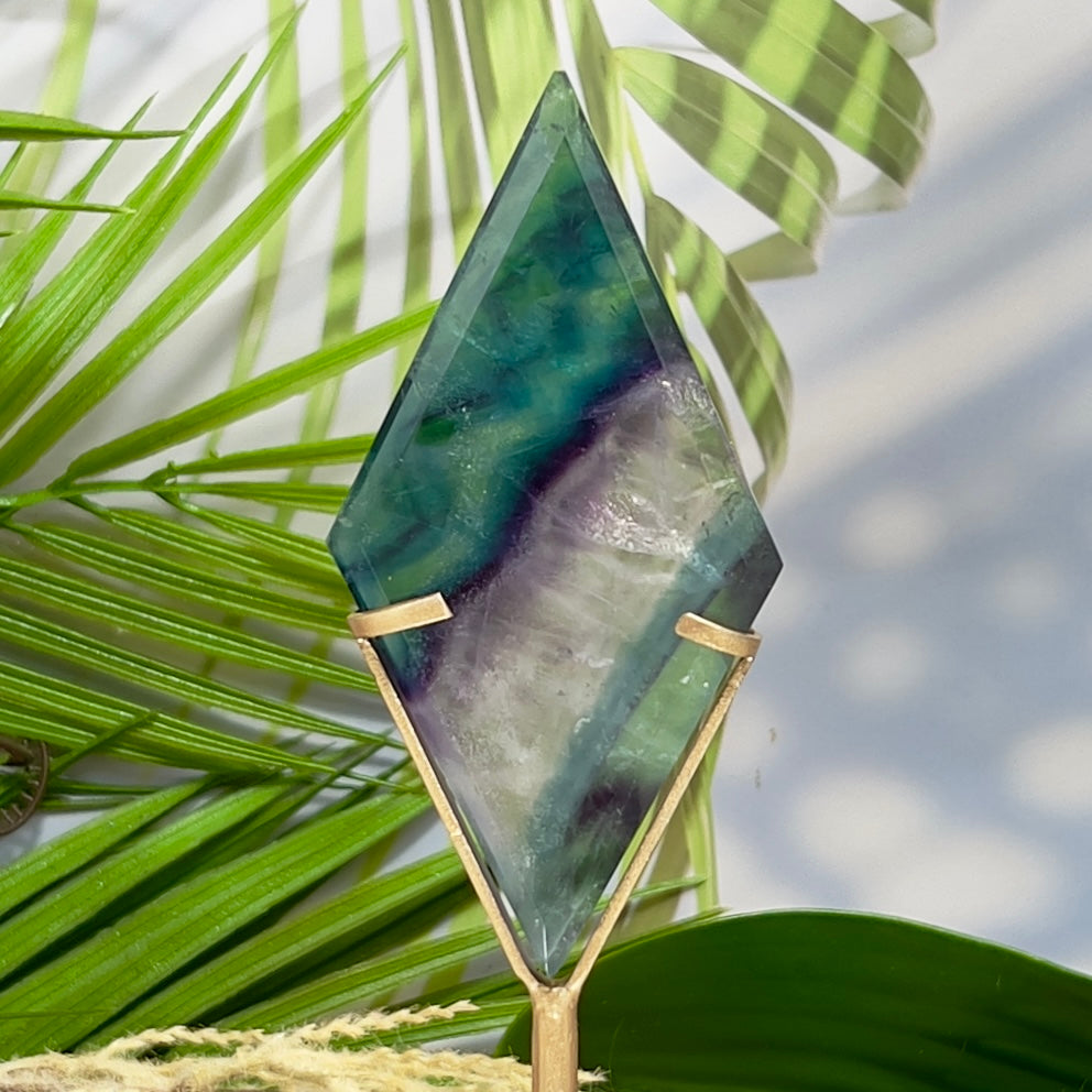 Rainbow Fluorite Diamond Rhombus on Stand Healing Crystal Home Decoration