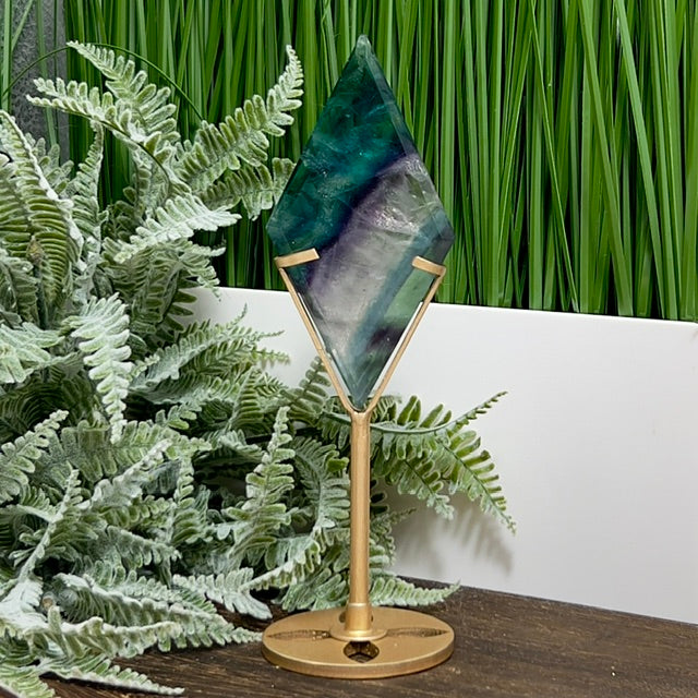 Rainbow Fluorite Diamond Rhombus on Stand Healing Crystal Home Decoration