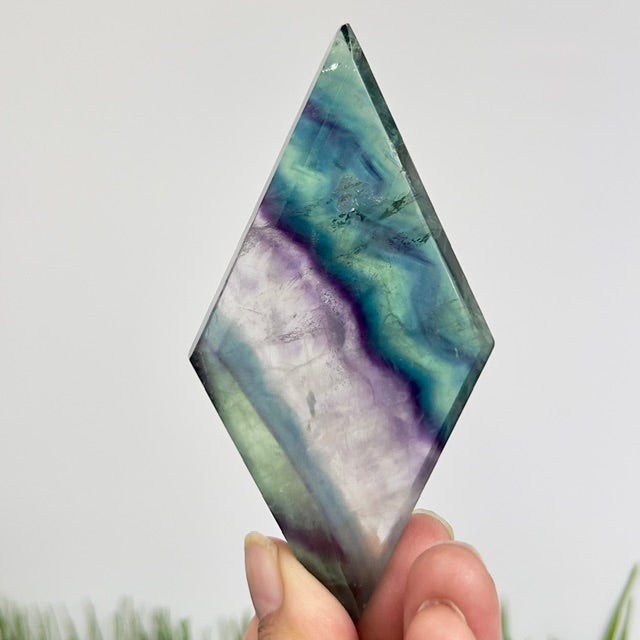 Rainbow Fluorite Diamond Rhombus on Stand Healing Crystal Home Decoration