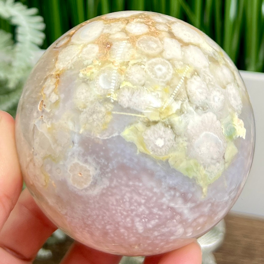 Pink Amethyst Flower Agate Pink Green Sphere Healing Crystal Ball 626g 77mm