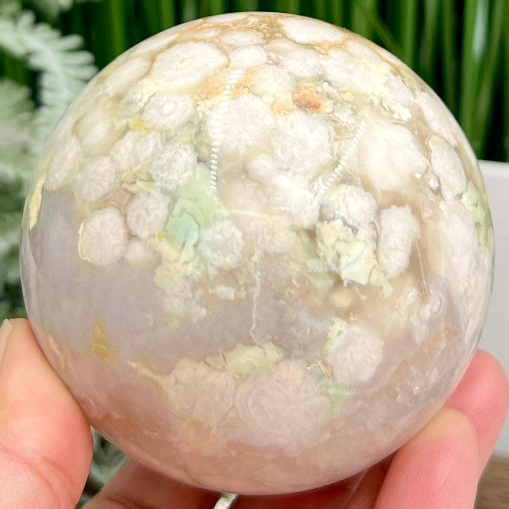 Pink Amethyst Flower Agate Pink Green Sphere Healing Crystal Ball 626g 77mm