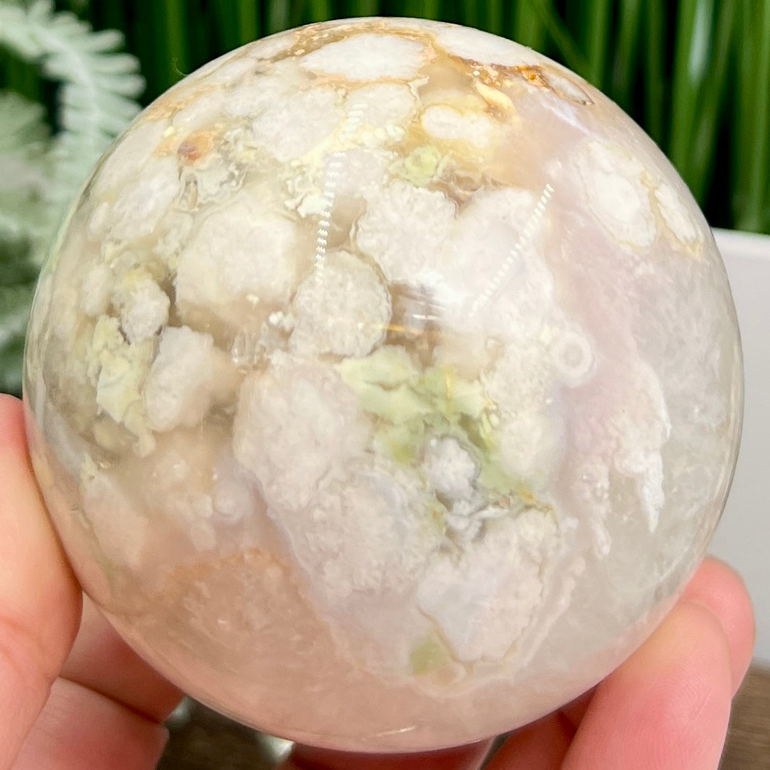 Pink Amethyst Flower Agate Pink Green Sphere Healing Crystal Ball 626g 77mm