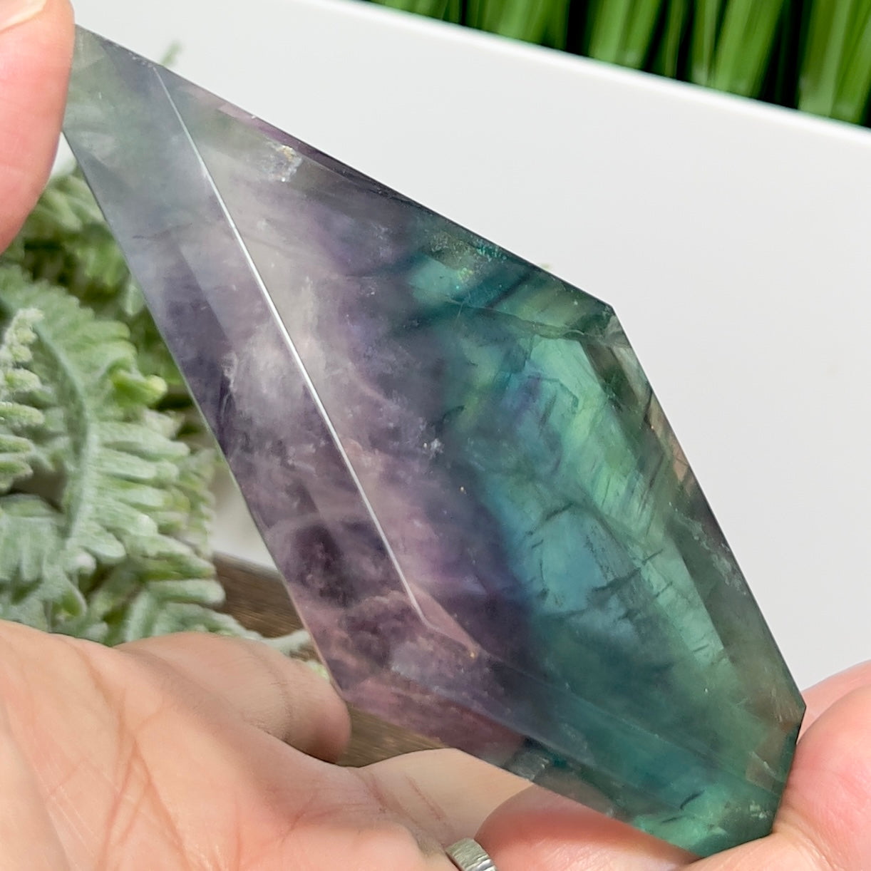 Rainbow Fluorite Diamond Rhombus on Stand Healing Crystal Home Decoration