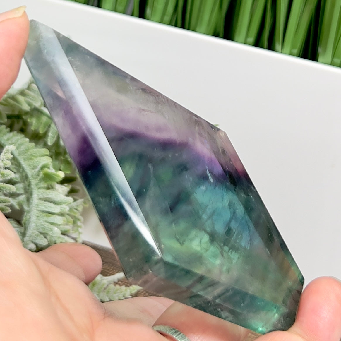 Rainbow Fluorite Diamond Rhombus on Stand Healing Crystal Home Decoration