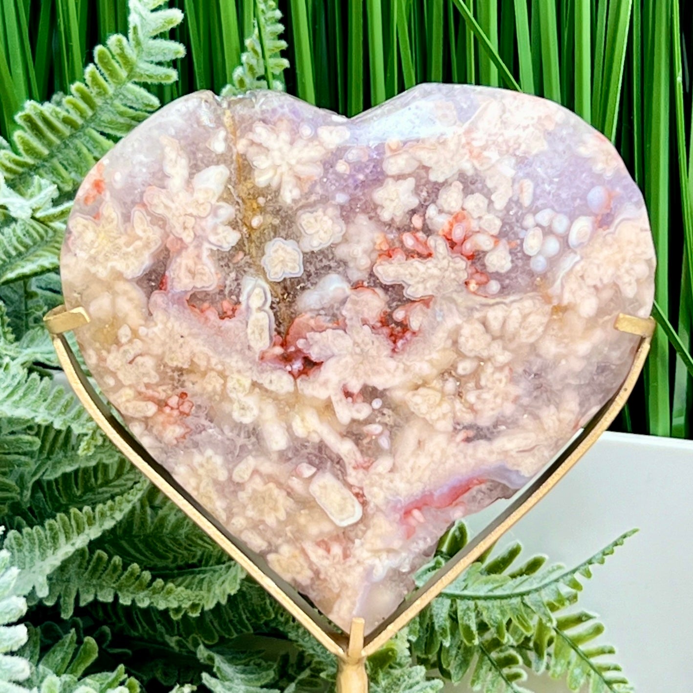 Pink Purple Amethyst Flower Agate Quartz Heart with Stand Crystal Carving 412g