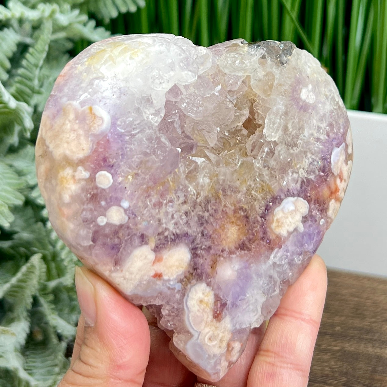 Pink Purple Amethyst Flower Agate Quartz Heart with Stand Crystal Carving 412g