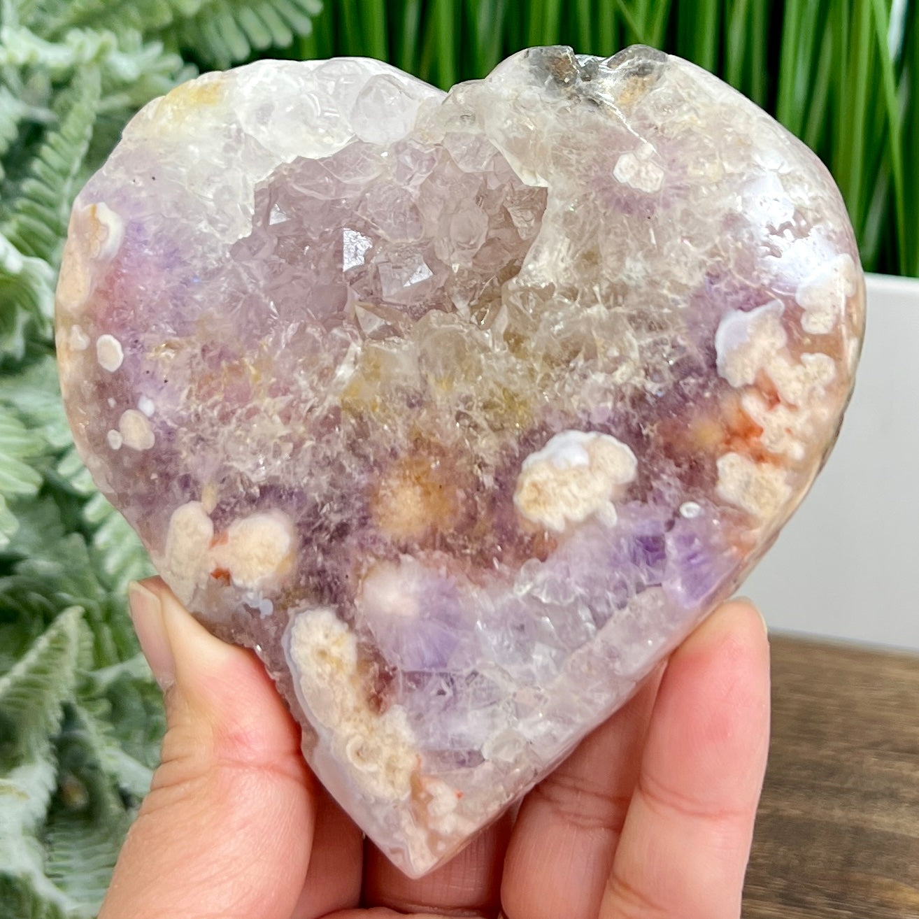 Pink Purple Amethyst Flower Agate Quartz Heart with Stand Crystal Carving 412g