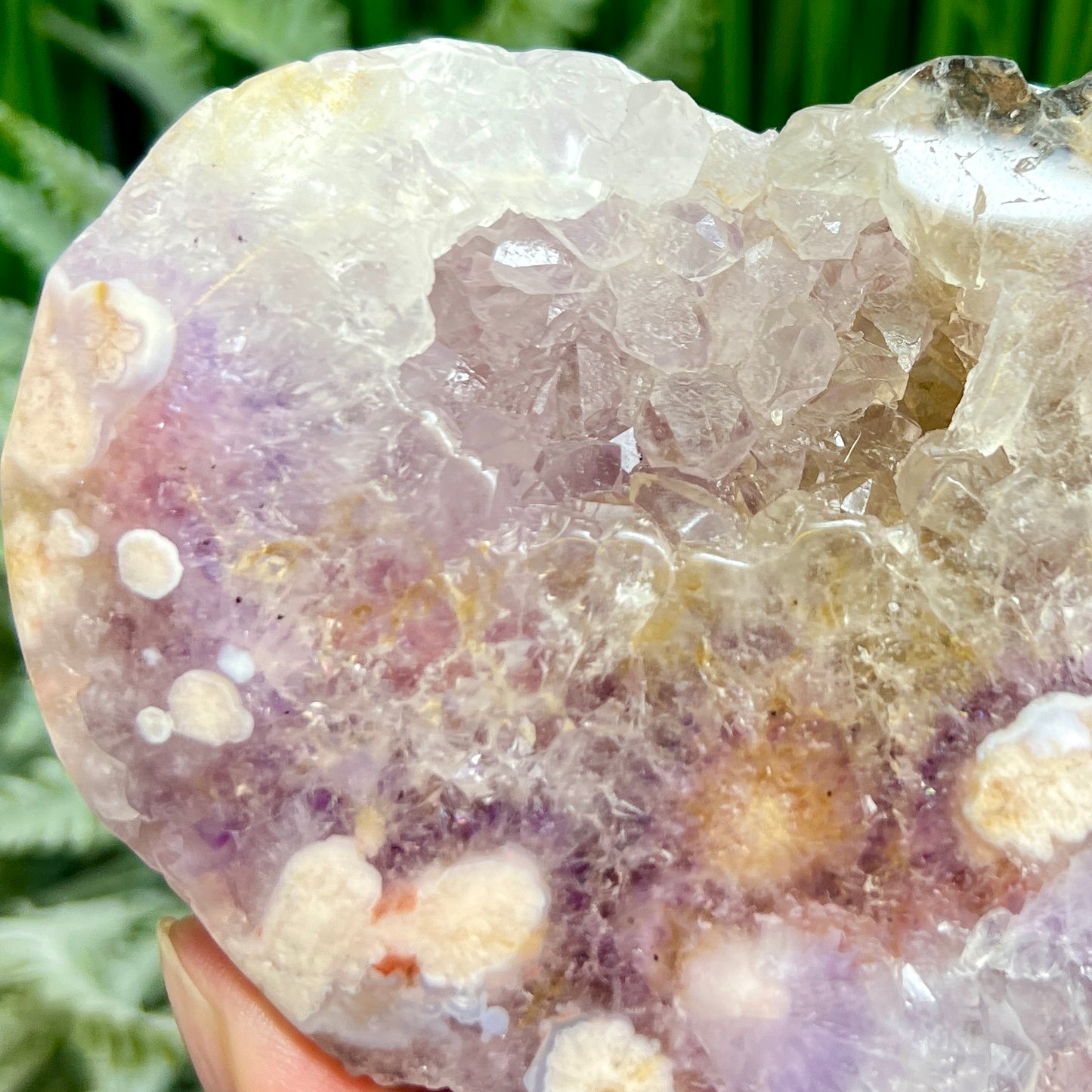 Pink Purple Amethyst Flower Agate Quartz Heart with Stand Crystal Carving 412g