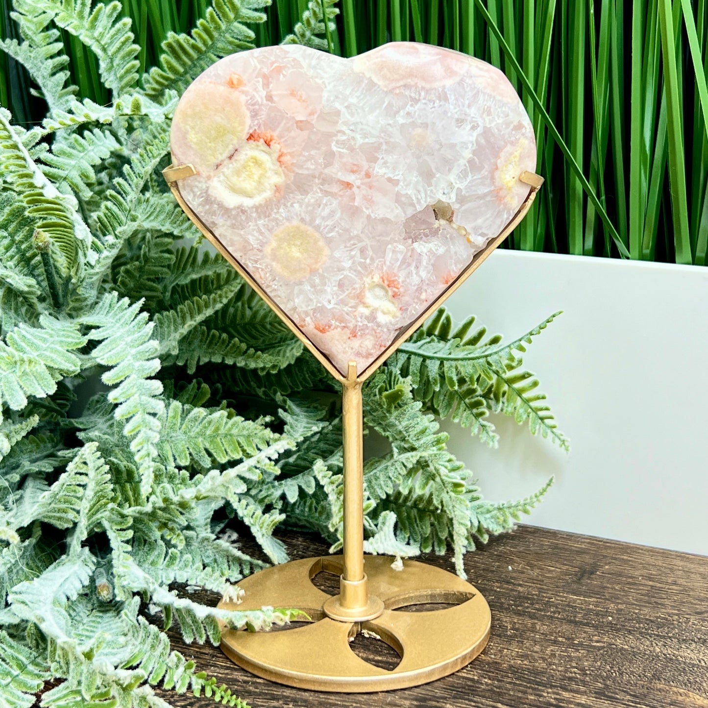 Pink Amethyst Flower Agate Quartz Heart with Stand Healing Crystal Carving 340g