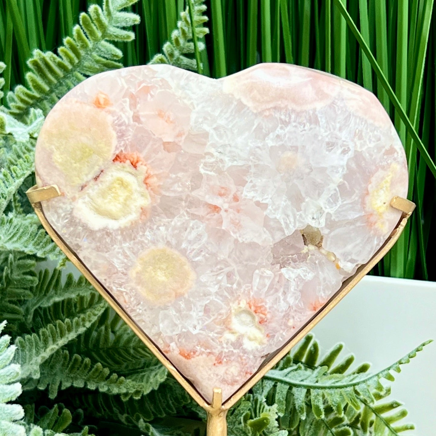 Pink Amethyst Flower Agate Quartz Heart with Stand Healing Crystal Carving 340g