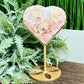 Pink Amethyst Flower Agate Quartz Heart with Stand Healing Crystal Carving 340g