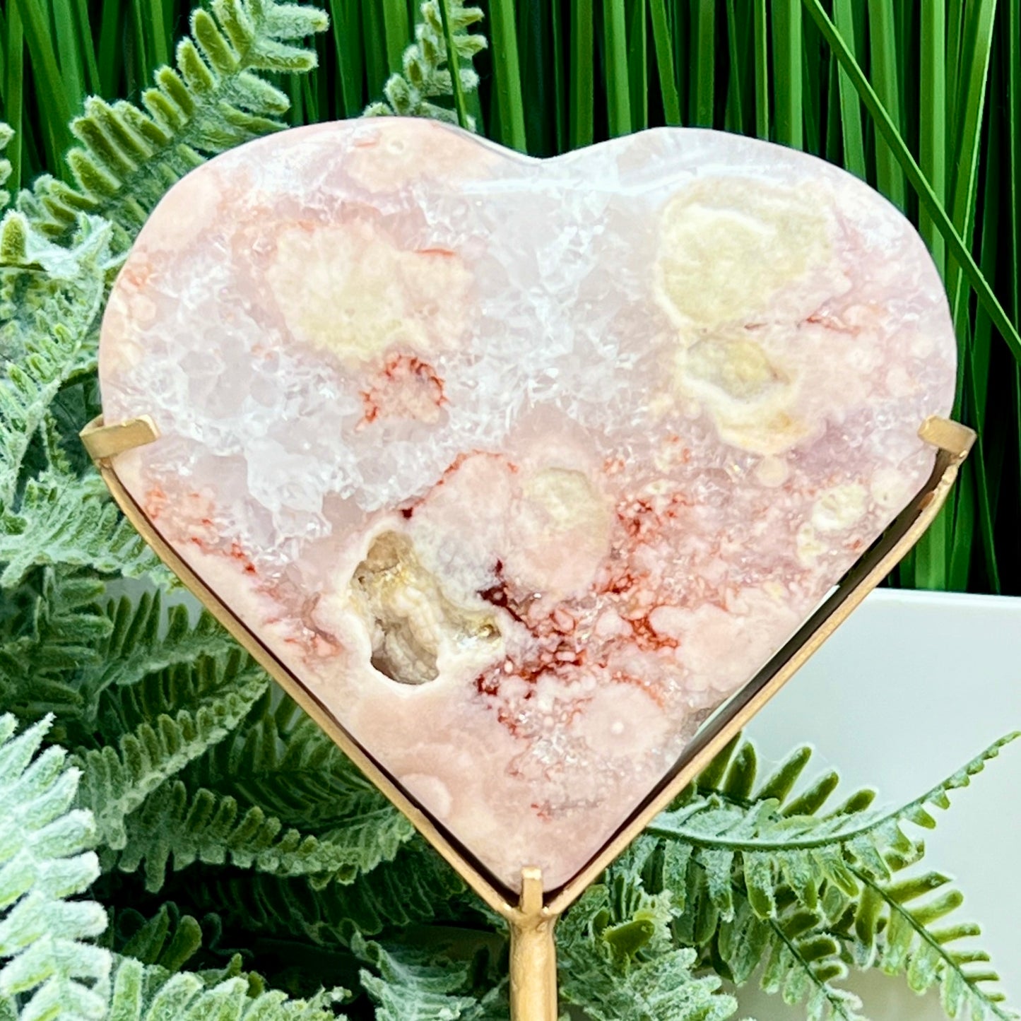 Pink Amethyst Flower Agate Quartz Heart with Stand Healing Crystal Carving 340g