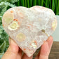 Pink Amethyst Flower Agate Quartz Heart with Stand Healing Crystal Carving 340g