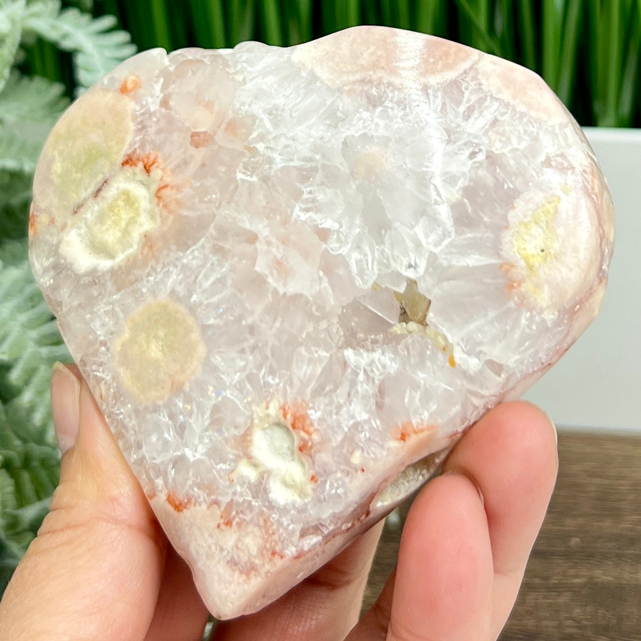 Pink Amethyst Flower Agate Quartz Heart with Stand Healing Crystal Carving 340g