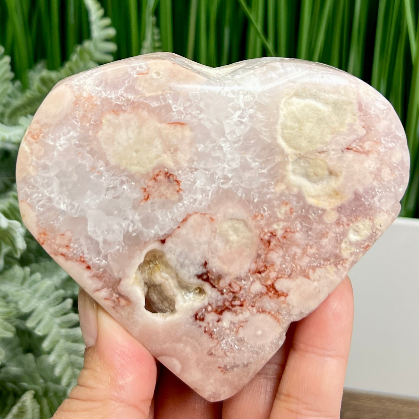 Pink Amethyst Flower Agate Quartz Heart with Stand Healing Crystal Carving 340g