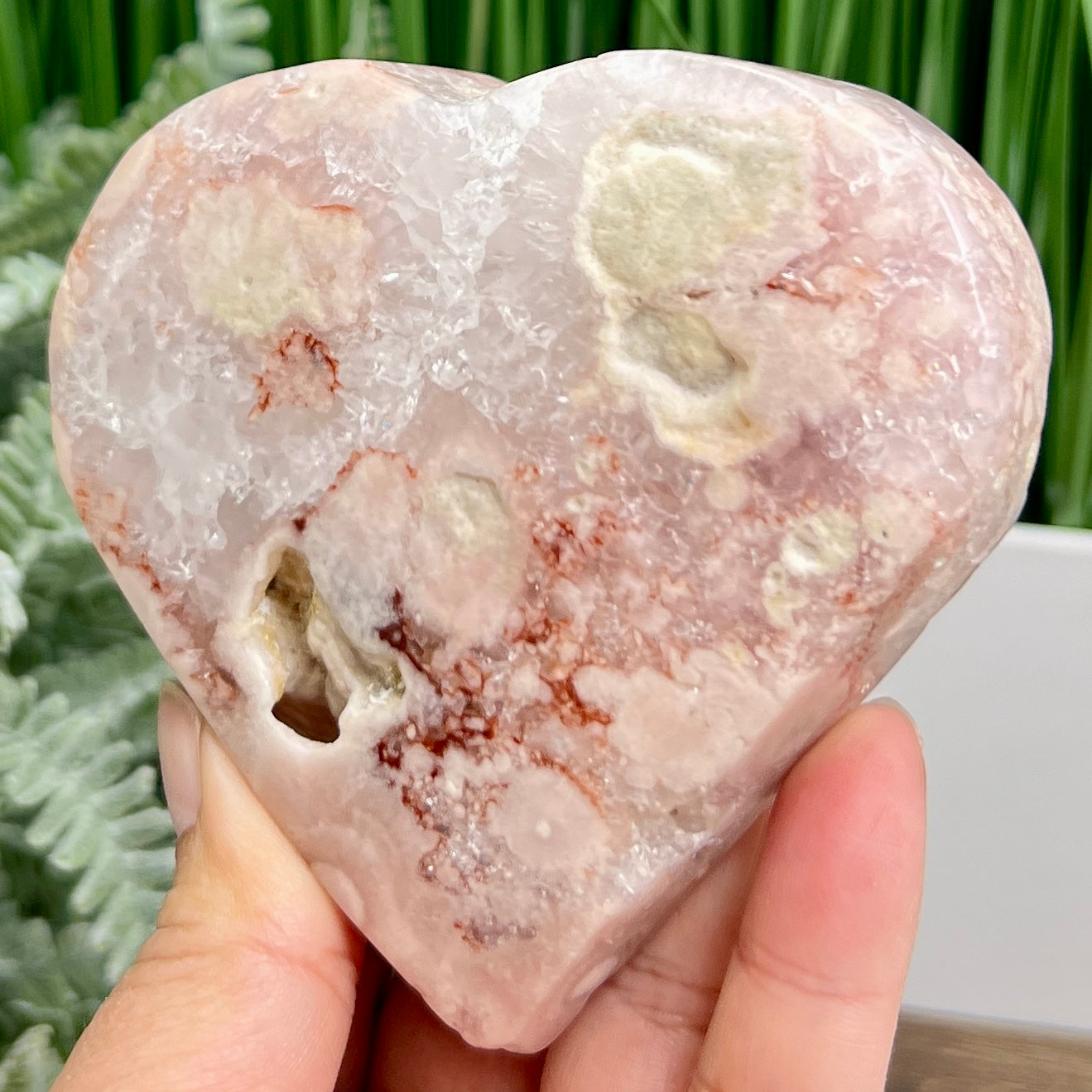 Pink Amethyst Flower Agate Quartz Heart with Stand Healing Crystal Carving 340g