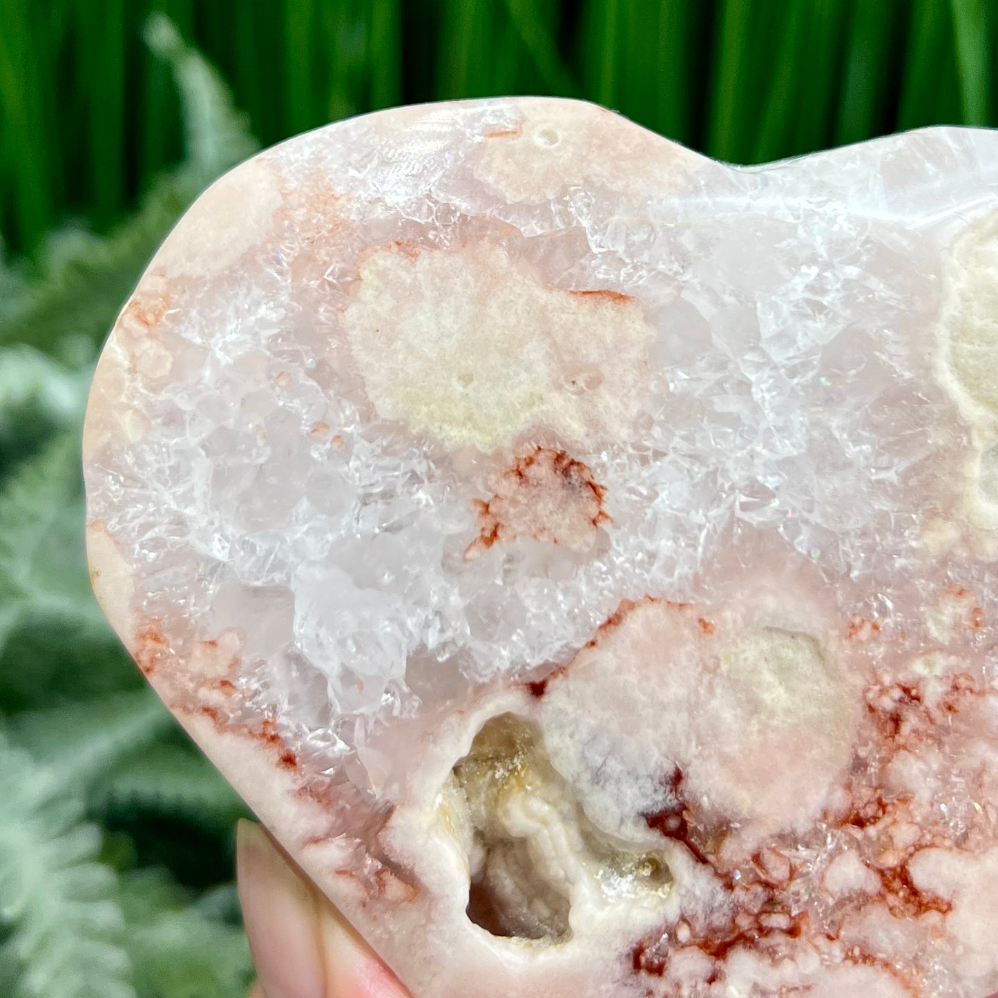 Pink Amethyst Flower Agate Quartz Heart with Stand Healing Crystal Carving 340g