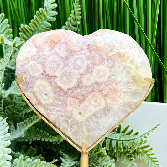 Pink Amethyst Flower Agate Quartz Heart with Stand Healing Crystal Carving 314g