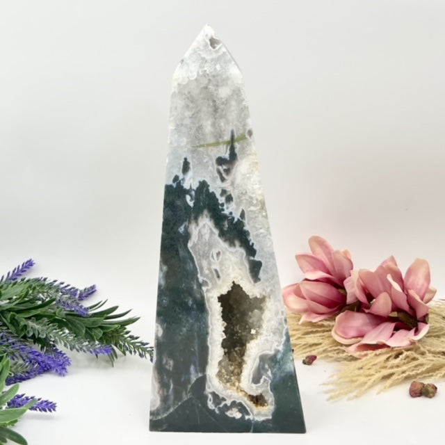 Moss Agate Tower Druzy Crystal Generator 3137g