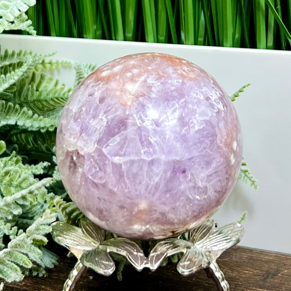 Pyrite in Pink Amethyst Flower Agate Quartz Sphere Crystal Ball 524g 73mm