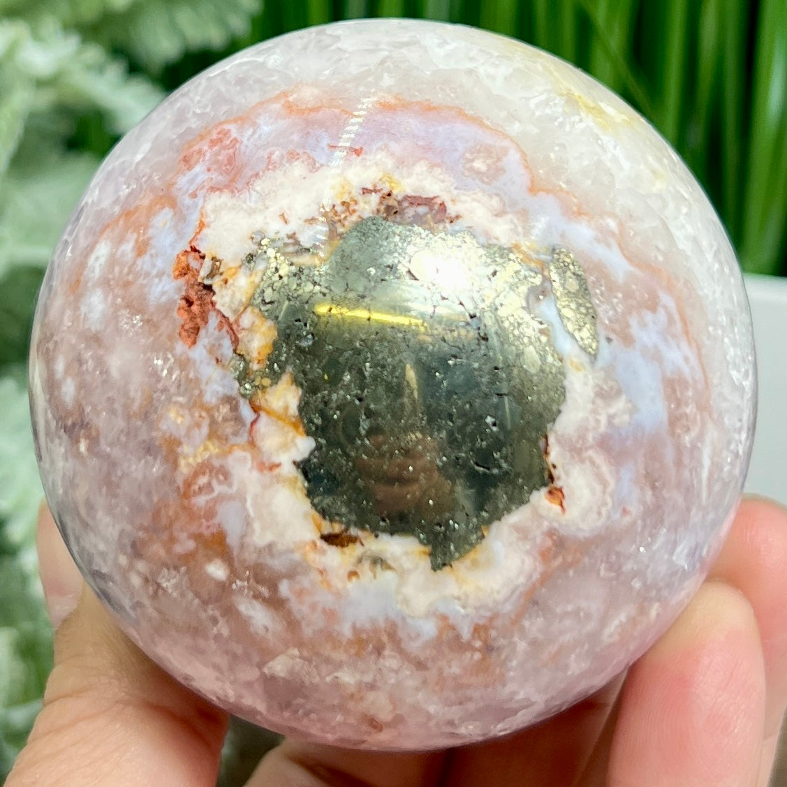 Pyrite in Pink Amethyst Flower Agate Quartz Sphere Crystal Ball 524g 73mm