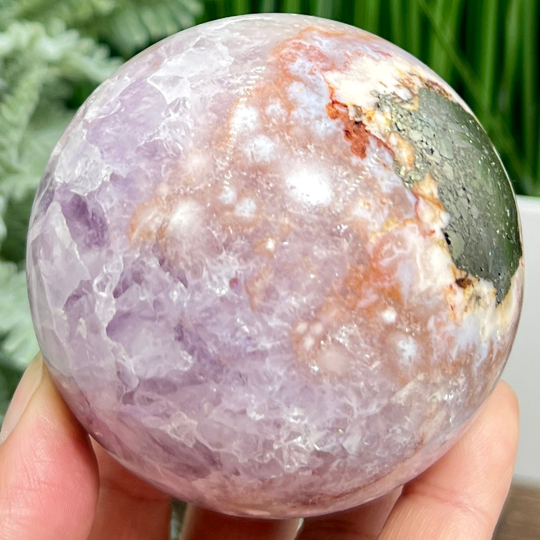 Pyrite in Pink Amethyst Flower Agate Quartz Sphere Crystal Ball 524g 73mm