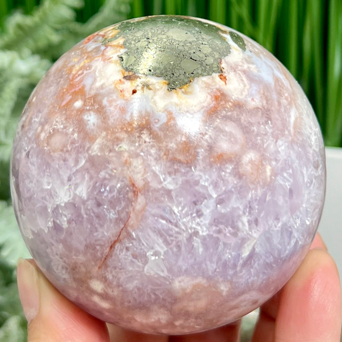 Pyrite in Pink Amethyst Flower Agate Quartz Sphere Crystal Ball 524g 73mm