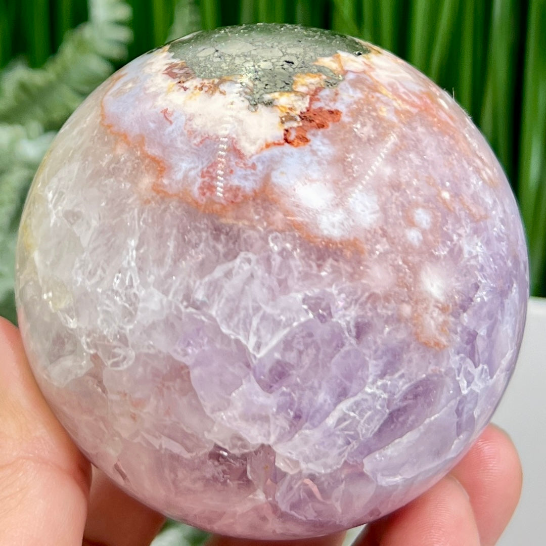 Pyrite in Pink Amethyst Flower Agate Quartz Sphere Crystal Ball 524g 73mm