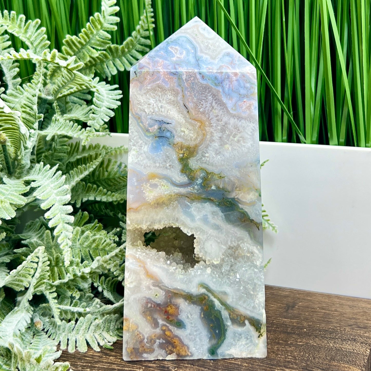 Multicoloured Moss Agate Blue Tower High Quality Crystal Generator 1132g 174mm