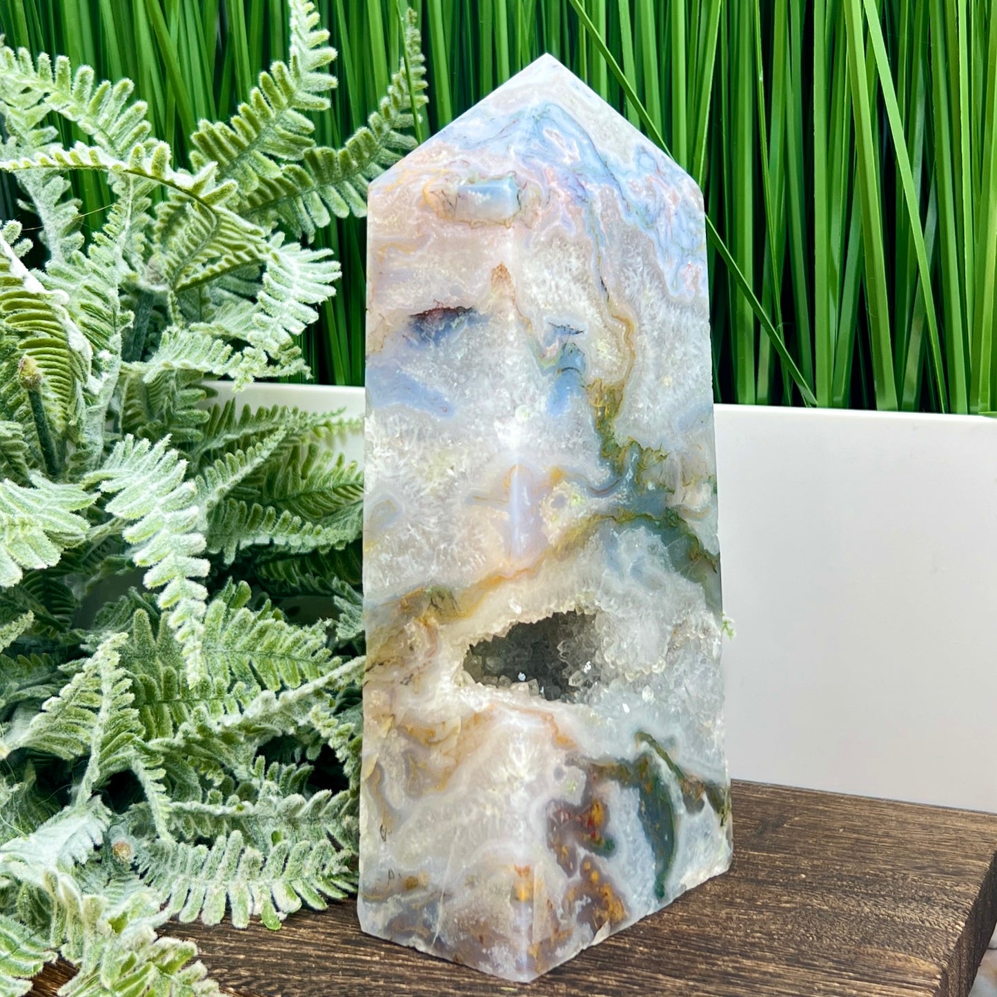 Multicoloured Moss Agate Blue Tower High Quality Crystal Generator 1132g 174mm