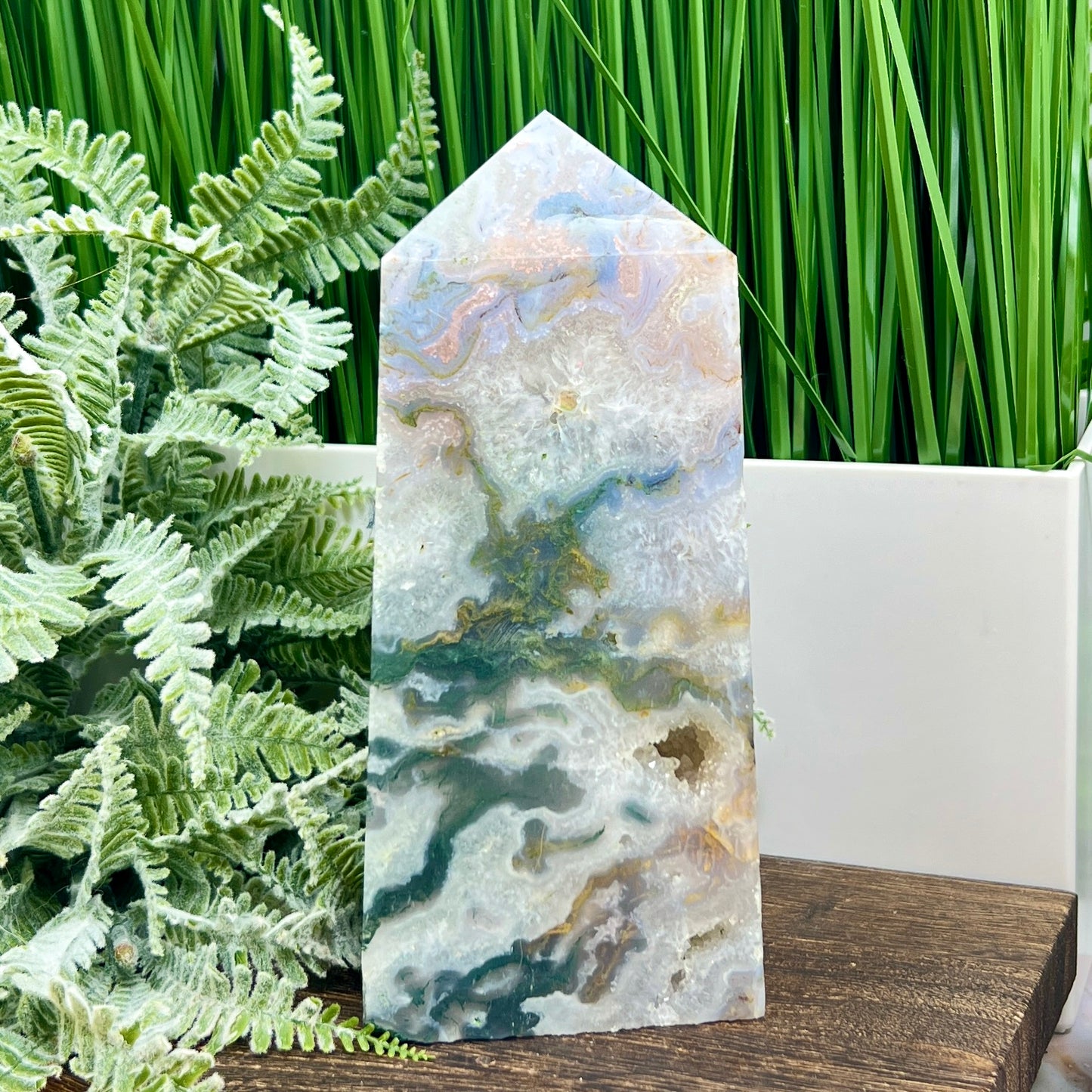 Multicoloured Moss Agate Blue Tower High Quality Crystal Generator 1132g 174mm