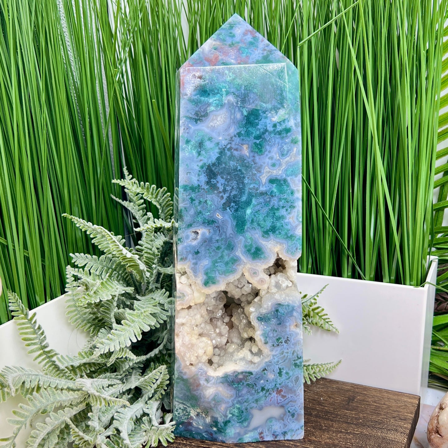 Blue Moss Agate Tower Rare Healing Crystal Generator 3776g 299mm