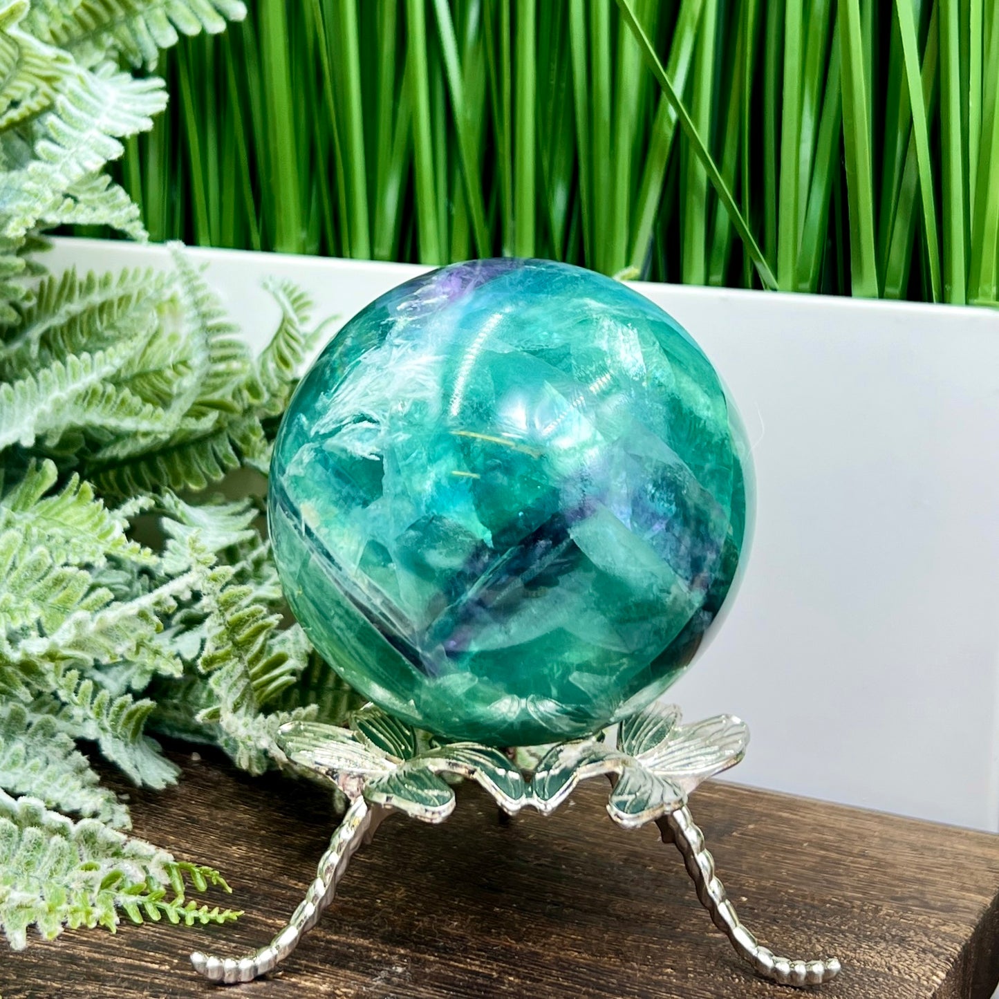 Snowflake Feather Fluorite Blue Green Purple Flashy Sphere Crystal Ball 764g 77mm