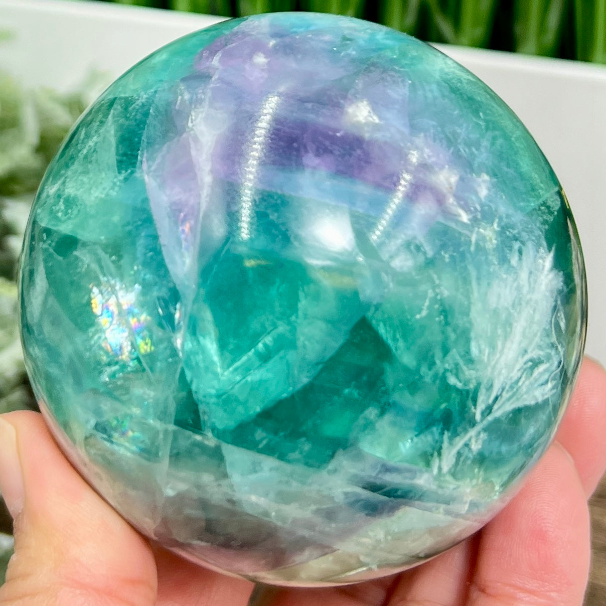 Snowflake Feather Fluorite Blue Green Purple Flashy Sphere Crystal Ball 764g 77mm