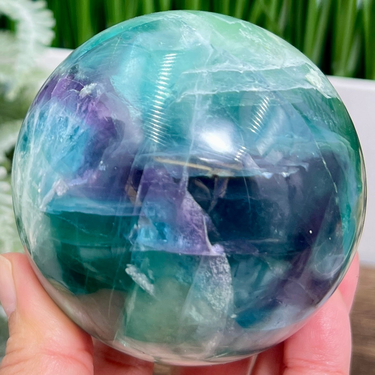 Snowflake Feather Fluorite Blue Green Purple Flashy Sphere Crystal Ball 804g 79mm