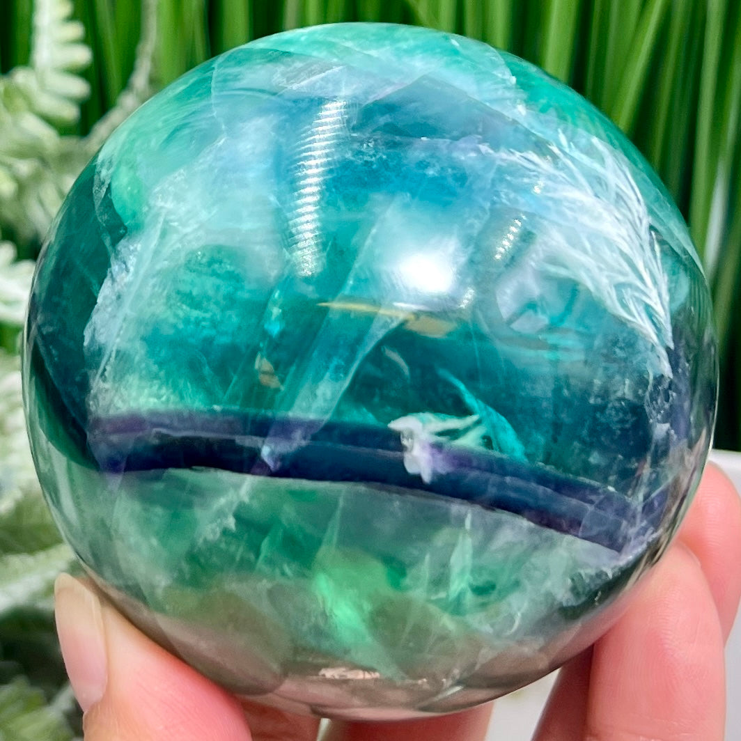 Snowflake Feather Fluorite Blue Green Purple Flashy Sphere Crystal Ball 780g 78mm