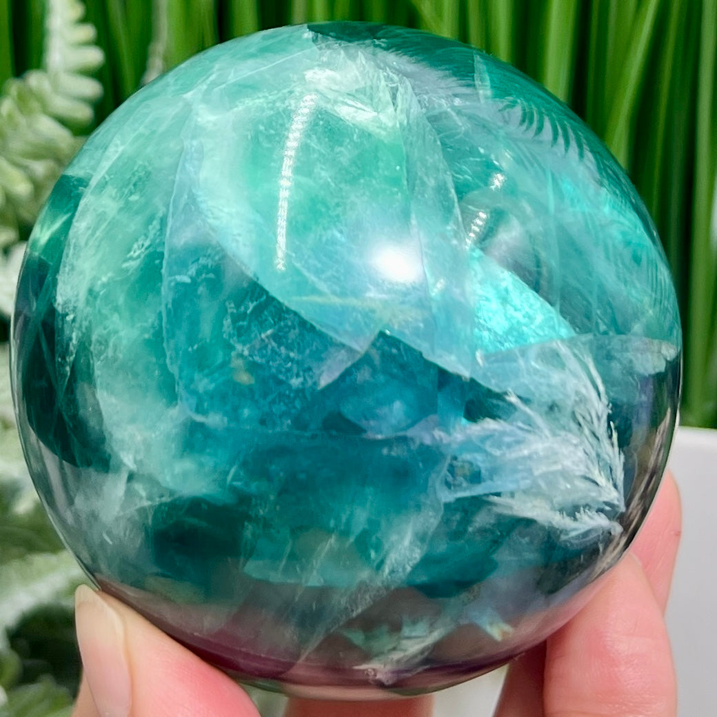 Snowflake Feather Fluorite Blue Green Purple Flashy Sphere Crystal Ball 780g 78mm