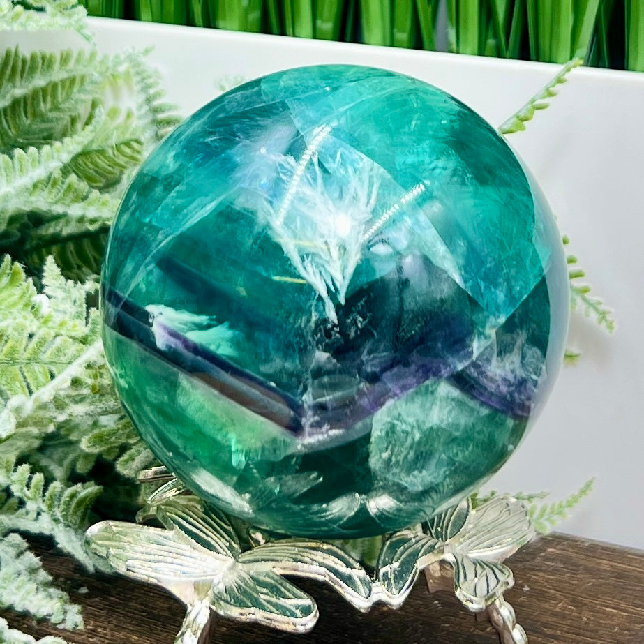 Snowflake Feather Fluorite Blue Green Purple Flashy Sphere Crystal Ball 780g 78mm