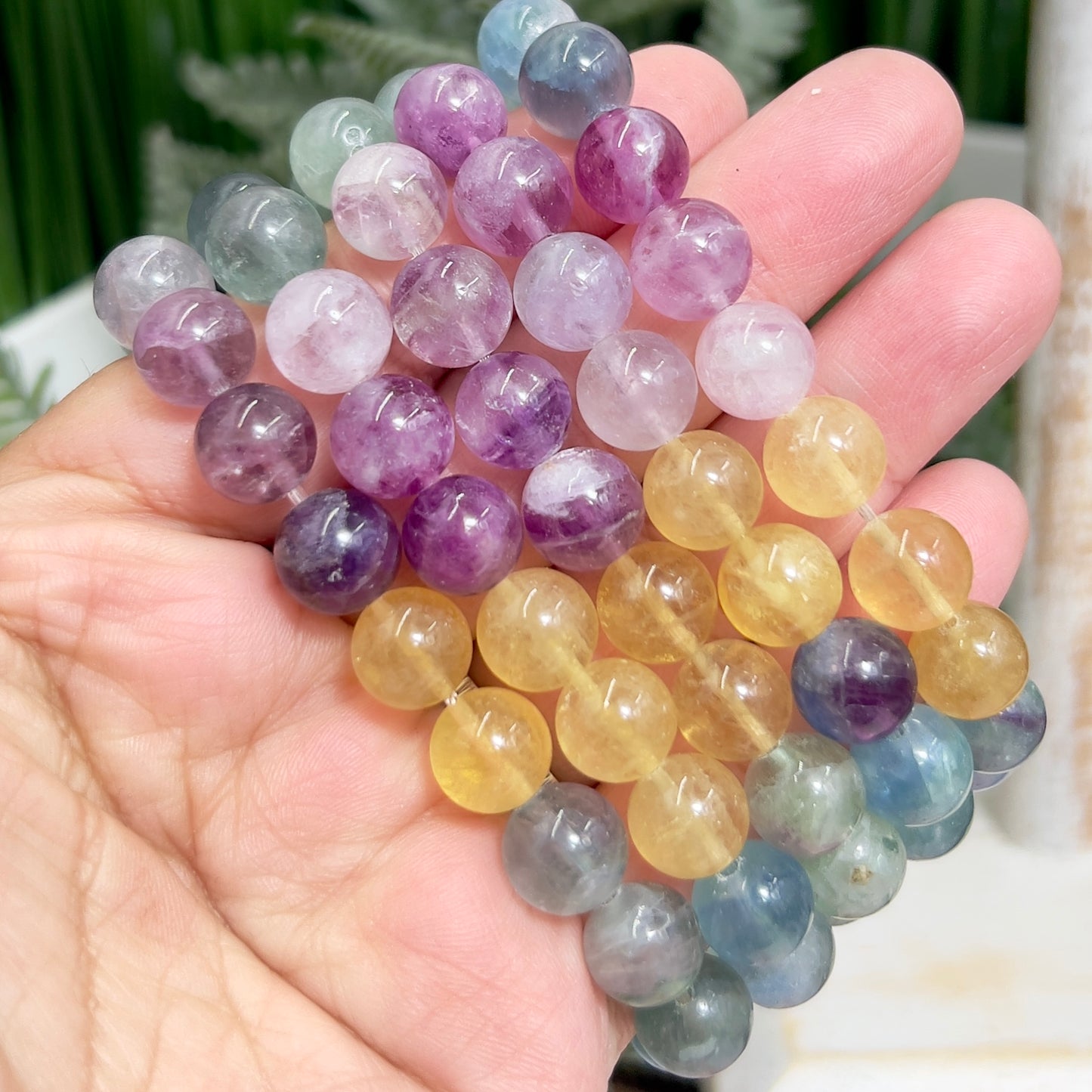 Fluorite Purple Blue Yellow Green Crystals Bracelets Wearable Gemstones Elastic 9-10mm Beads 16cm