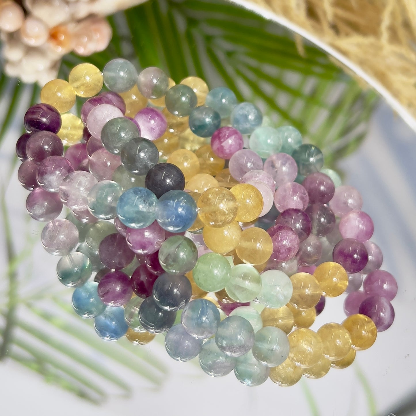 Fluorite Purple Blue Yellow Green Crystals Bracelets Wearable Gemstones Elastic 9-10mm Beads 16cm